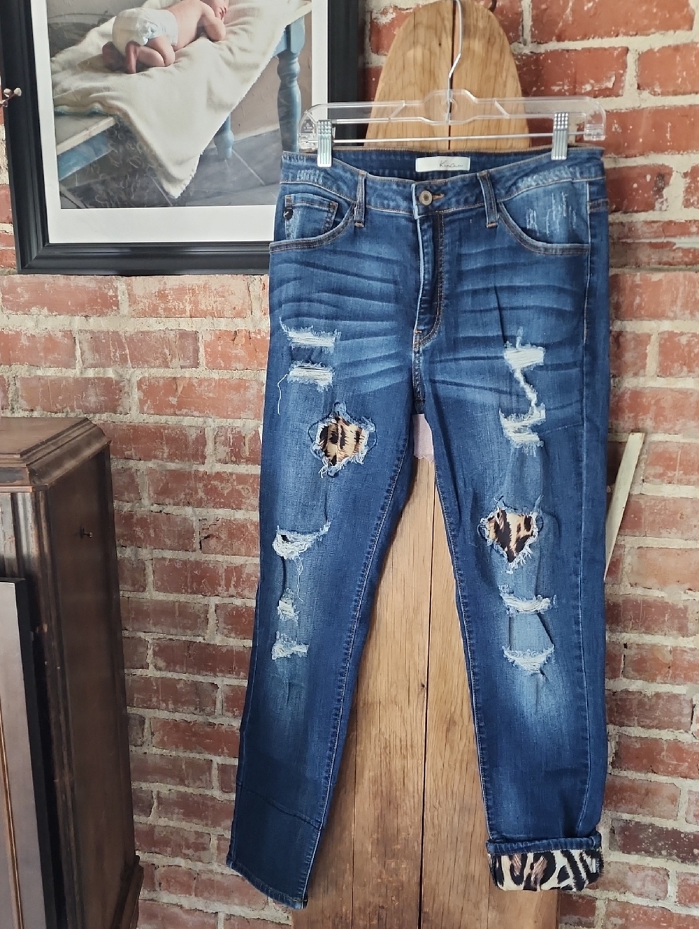 KanCan Dark Blue High-Rise Skinny Jeans With Leopard Patch Panels